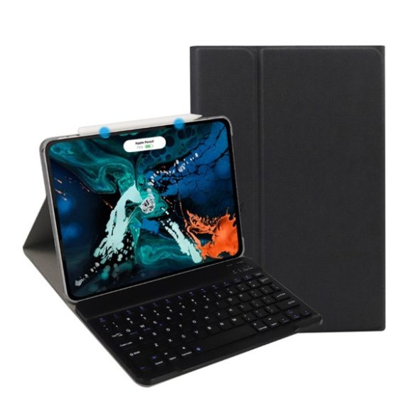 Tok álló, bőr hatású (FLIP, kivehető bluetooth billentyűzet, asztali tartó, QWERTY, angol nyelvű) FEKETE Apple IPAD Pro 11 (2018)