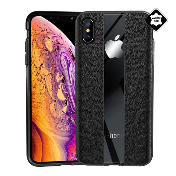 Szilikon telefonvédő (valódi bőr bevonat, csíkos) FEKETE Apple iPhone XS Max 6.5