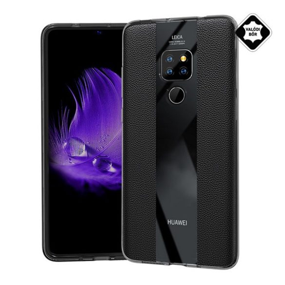 Szilikon telefonvédő (valódi bőr bevonat, csíkos) FEKETE Huawei Mate 20