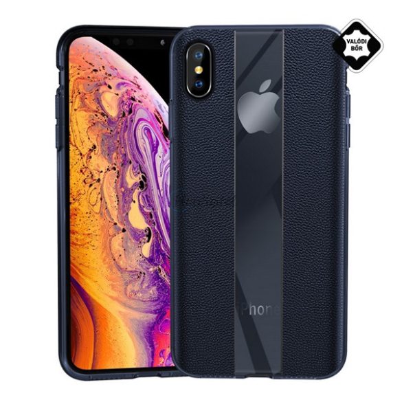 Szilikon telefonvédő (valódi bőr bevonat, csíkos) SÖTÉTKÉK Apple iPhone XS 5.8, Apple iPhone X 5.8