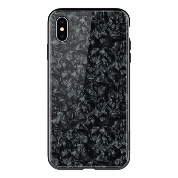 NILLKIN SEASHELL telefonvédő műanyag keret (BUMPER, edzett üveg hátlap, márvány minta) FEKETE Apple iPhone XS Max 6.5