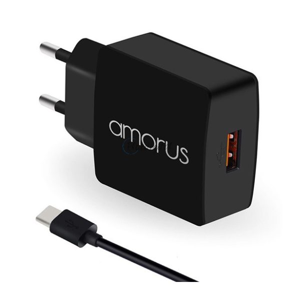 AMORUS K6 hálózati töltő USB aljzat (15W, PD gyorstöltő 3.0 + Type-C kábel) FEKETE