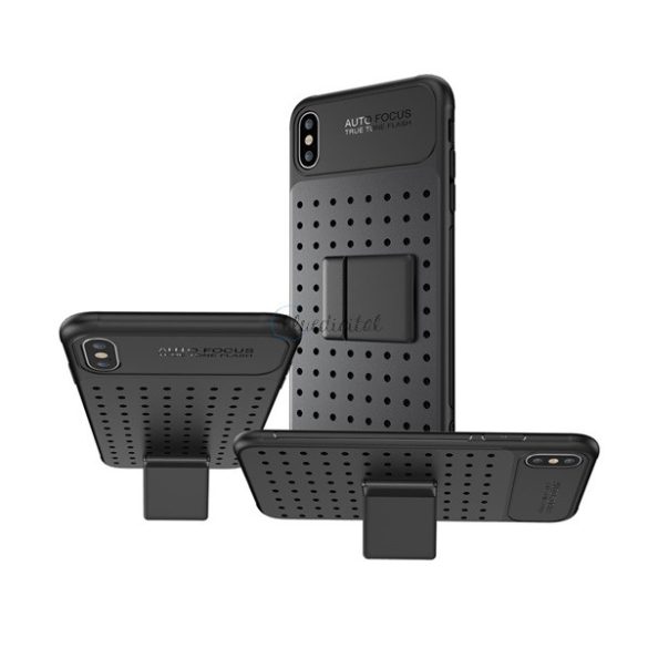 Műanyag telefonvédő (szilikon keret, lyukacsos minta, levehető asztali tartó) FEKETE Apple iPhone XS 5.8, Apple iPhone X 5.8