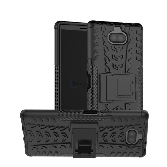 Defender műanyag telefonvédő (közepesen ütésálló, szilikon belső, kitámasztó, autógumi minta) FEKETE Sony Xperia 10 plus (L4213)
