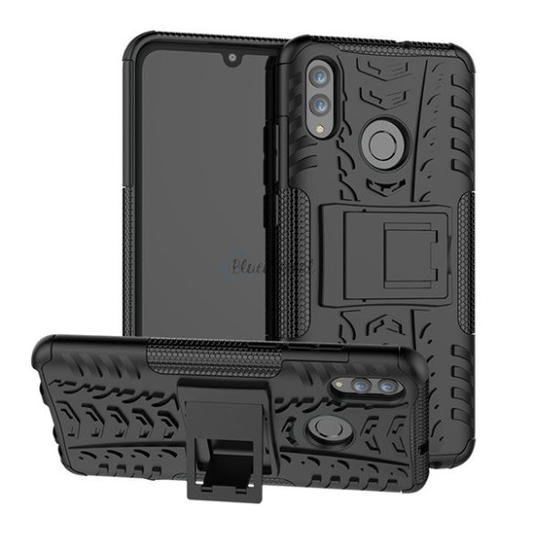 Defender műanyag telefonvédő (közepesen ütésálló, szilikon belső, kitámasztó, autógumi minta) FEKETE Huawei P Smart (2019), Honor 10 Lite