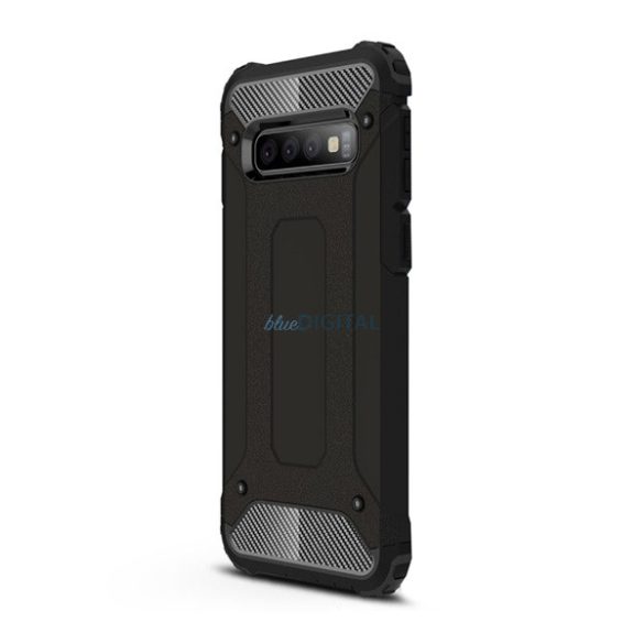 Defender műanyag telefonvédő (ütésállóság, légpárnás sarok, szilikon belső, fémhatás) FEKETE Samsung Galaxy S10 (SM-G973)