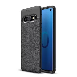   Szilikon telefonvédő (közepesen ütésálló, bőr hatású, varrás minta) FEKETE Samsung Galaxy S10 (SM-G973)