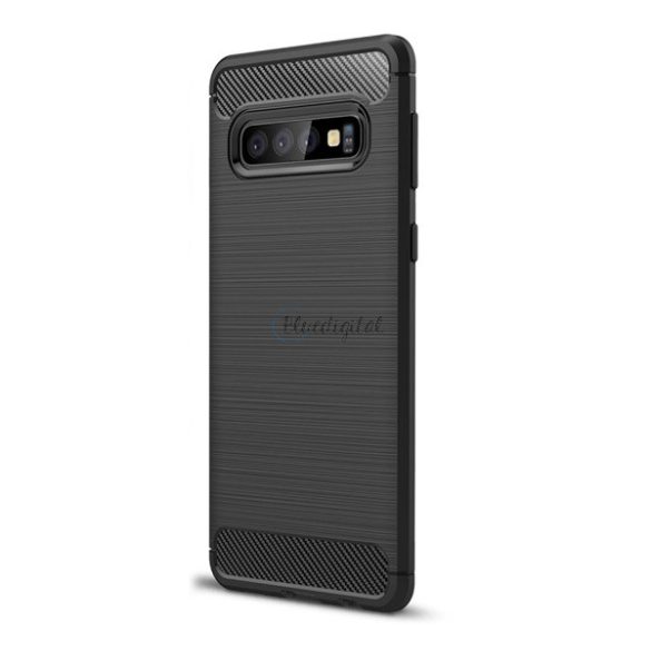Szilikon telefonvédő (közepesen ütésálló, légpárnás sarok, szálcsiszolt, karbon minta) FEKETE Samsung Galaxy S10 (SM-G973)