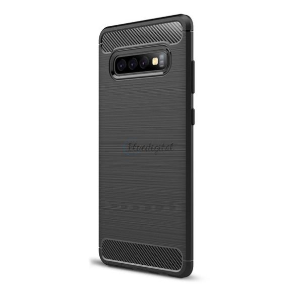 Szilikon telefonvédő (közepesen ütésálló, légpárnás sarok, szálcsiszolt, karbon minta) FEKETE Samsung Galaxy S10 Plus (SM-G975)