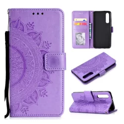   Tok álló, bőr hatású (FLIP, oldalra nyíló, asztali tartó, csuklópánt, mandala) LILA Huawei P30