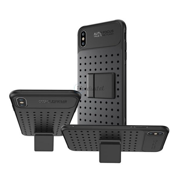 Műanyag telefonvédő (szilikon keret, lyukacsos minta, levehető asztali tartó) FEKETE Apple iPhone XS Max 6.5