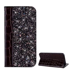   Tok álló (FLIP, oldalra nyíló, asztali tartó funkció, csillámporos, krokodilbőr hatású minta) BARNA Samsung Galaxy S10 (SM-G973)