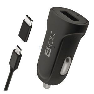 4-OK autós töltő USB aljzat (5V / 2100mA + Type-C adapter + microUSB kábel) FEKETE