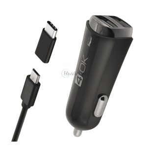 4-OK autós töltő 2 USB aljzat (17W + Type-C adapter + microUSB kábel) FEKETE