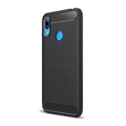  Szilikon telefonvédő (közepesen ütésálló, légpárnás sarok, szálcsiszolt, karbon minta) FEKETE Huawei Y7 2019 (Y7 Prime 2019)