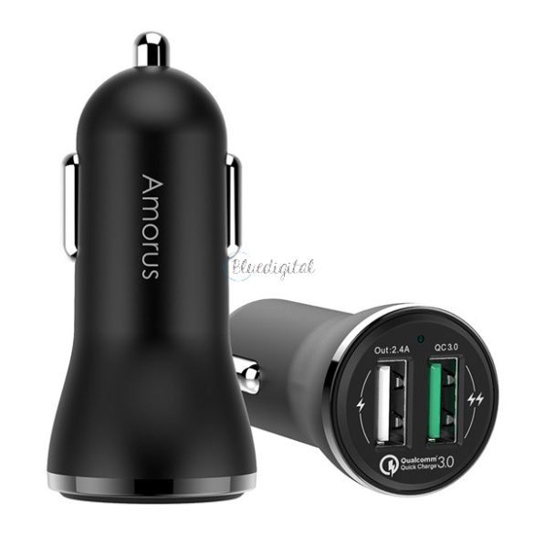 AMORUS autós töltő 2 USB aljzat (20W, PD gyorstöltő) FEKETE