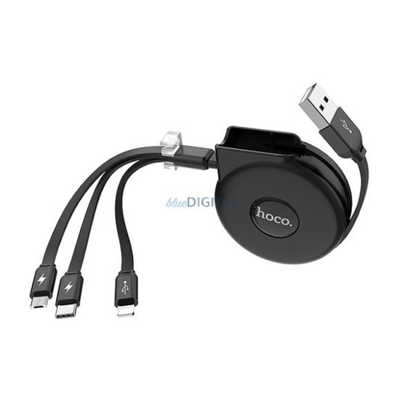 HOCO U50 töltőkábel 3in1 (USB - lightning 8pin / microUSB / Type-C, gyorstöltés támogatás, 100cm, felcsévélhető) FEKETE