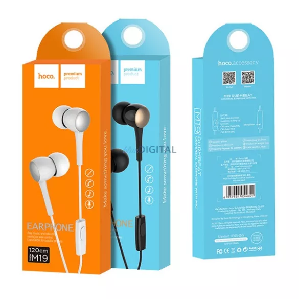 HOCO M19 fülhallgató SZTEREO (3.5mm jack, mikrofon, felvevő gomb) FEKETE