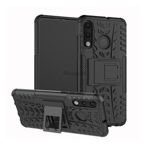 Defender műanyag telefonvédő (közepesen ütésálló, szilikon belső, kitámasztó, autógumi minta) FEKETE Huawei P30 Lite (Nova 4e)
