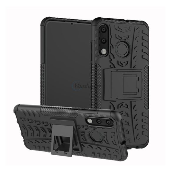 Defender műanyag telefonvédő (közepesen ütésálló, szilikon belső, kitámasztó, autógumi minta) FEKETE Huawei P30 Lite (Nova 4e)