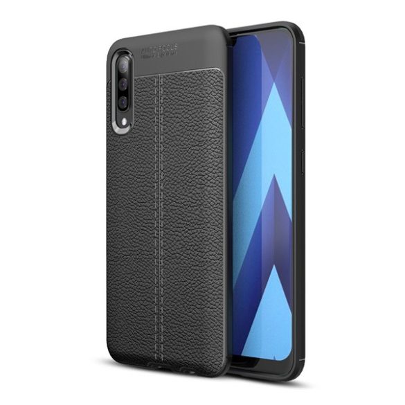 Szilikon telefonvédő (közepesen ütésálló, bőr hatású, varrás minta) FEKETE Samsung Galaxy A50 (SM-A505F), Samsung Galaxy A30s (SM-A307F), Samsung Galaxy A50s (SM-A507F)