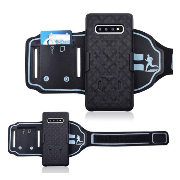Műanyag telefonvédő (ütésálló, karpánt, kitámasztó, rács minta, SPORT) FEKETE Samsung Galaxy S10 (SM-G973)