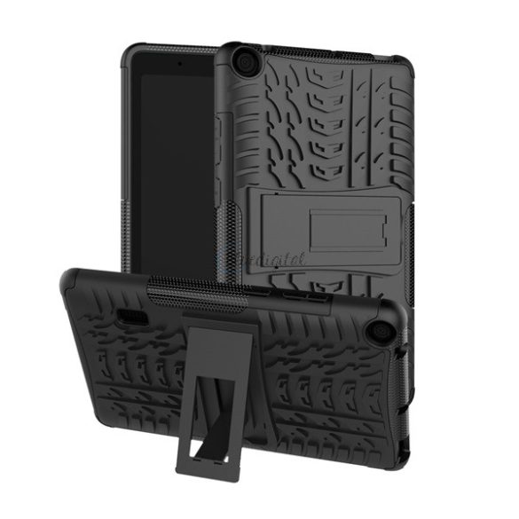 Defender műanyag telefonvédő (közepesen ütésálló, szilikon belső, kitámasztó, autógumi minta) FEKETE Huawei Mediapad T3 7