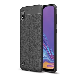  Szilikon telefonvédő (közepesen ütésálló, bőr hatású, varrás minta) FEKETE Samsung Galaxy A10 (SM-A105F)