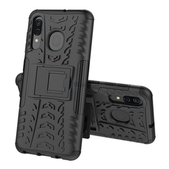 Defender műanyag telefonvédő (közepesen ütésálló, szilikon belső, kitámasztó, autógumi minta) FEKETE Samsung Galaxy A50 (SM-A505F), Samsung Galaxy A30 (SM-A305F), Samsung Galaxy A30s (SM-A