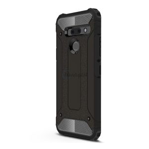 Defender műanyag telefonvédő (közepesen ütésálló, légpárnás sarok, szilikon belső, fémhatás) FEKETE LG G8 ThinQ (G820Q)