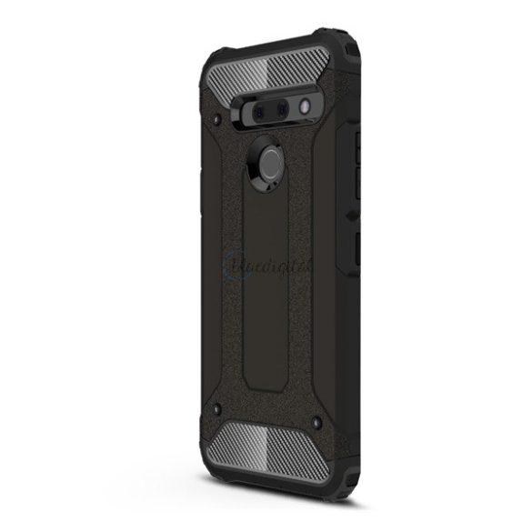 Defender műanyag telefonvédő (közepesen ütésálló, légpárnás sarok, szilikon belső, fémhatás) FEKETE LG G8 ThinQ (G820Q)