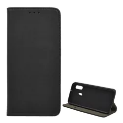   Tok álló, bőr hatású (FLIP, oldalra nyíló, asztali tartó funkció) FEKETE Samsung Galaxy A20e (SM-A202F)