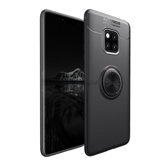 Szilikon telefonvédő (asztali tartó funkció, telefontartó gyűrű, 360°-ban forgatható, beépített fémlemez) FEKETE Huawei Mate 20 Pro
