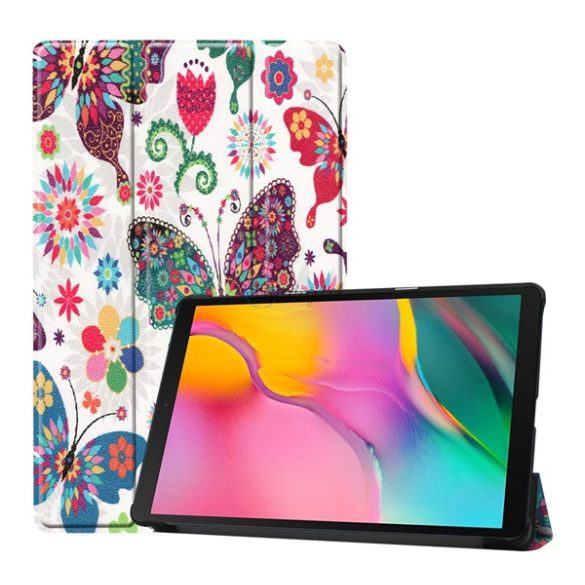 Tok álló, bőr hatású (aktív FLIP, oldalra nyíló, TRIFOLD asztali tartó funkció, pillangó, virág minta) FEHÉR Samsung Galaxy Tab A 10.1 WIFI (2019) SM-T510, Samsung Galaxy Tab A 10.1 LTE (