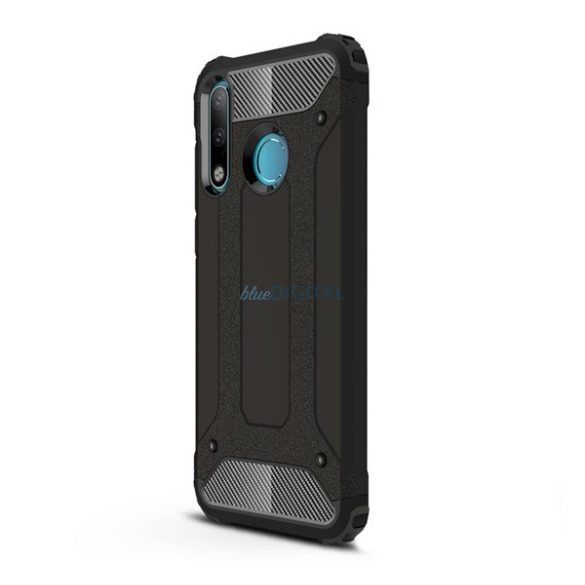 Defender műanyag telefonvédő (ütésállóság, légpárnás sarok, szilikon belső, fémhatás) FEKETE Huawei P30 Lite (Nova 4e)