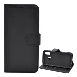   Tok álló, bőr hatású (FLIP, oldalra nyíló, asztali tartó, prémium) FEKETE Samsung Galaxy A20e (SM-A202F)