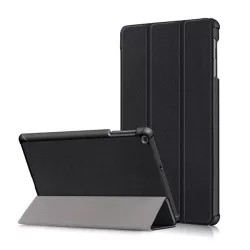   Tok álló, bőr hatású (FLIP, oldalra nyíló, TRIFOLD, asztali tartó) FEKETE Samsung Galaxy Tab A 10.1 WIFI (2019) SM-T510, Samsung Galaxy Tab A 10.1 LTE (2019) SM-T515