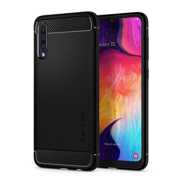 SPIGEN RUGGED ARMOR szilikon telefonvédő (közepesen ütésálló, légpárnás sarok, karbon minta) FEKETE Samsung Galaxy A50 (SM-A505F), Samsung Galaxy A30s (SM-A307F), Samsung Galaxy A50s (SM-A50