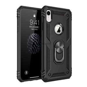 Defender műanyag telefonvédő (közepesen ütésálló, szilikon belső, telefontartó gyűrű, fémlemez, logo kivágás) FEKETE Apple iPhone XR 6.1