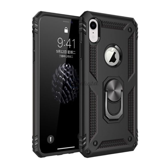 Defender műanyag telefonvédő (közepesen ütésálló, szilikon belső, telefontartó gyűrű, fémlemez, logo kivágás) FEKETE Apple iPhone XR 6.1