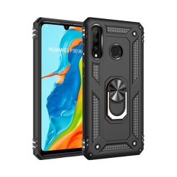   Defender műanyag telefonvédő (közepesen ütésálló, szilikon belső, telefontartó gyűrű, beépített fémlemez) FEKETE Huawei P30 Lite (Nova 4e)