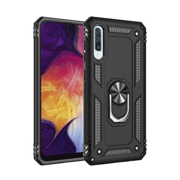 Defender műanyag telefonvédő (közepesen ütésálló, szilikon belső, telefontartó gyűrű, beépített fémlemez) FEKETE Samsung Galaxy A50 (SM-A505F), Samsung Galaxy A30s (SM-A307F), Samsung G