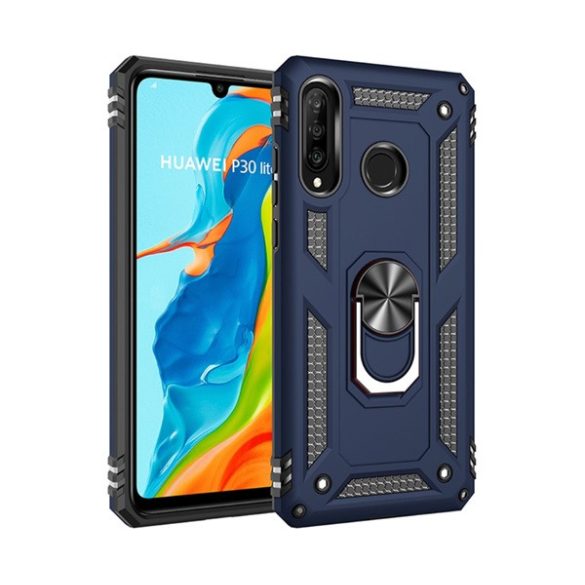 Defender műanyag telefonvédő (közepesen ütésálló, szilikon belső, telefontartó gyűrű, beépített fémlemez) SÖTÉTKÉK Huawei P30 Lite (Nova 4e)