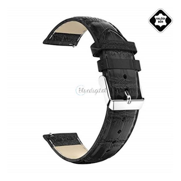 Pótszíj (univerzális, 22 mm, valódi bőr, krokodilbőr minta) FEKETE Huawei Watch GT Active, Huawei Watch, Huawei Watch 2, Samsung Galaxy Watch 46mm (SM-R800N), Samsung Gear S3 Frontier (SM-R760),