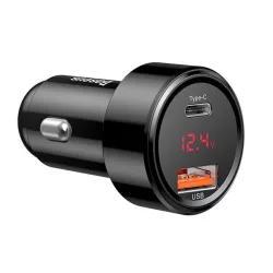   BASEUS MAGIC autós töltő USB+Type-C aljzat (45W, PD gyorstöltő 4.0, LED kijelző) FEKETE