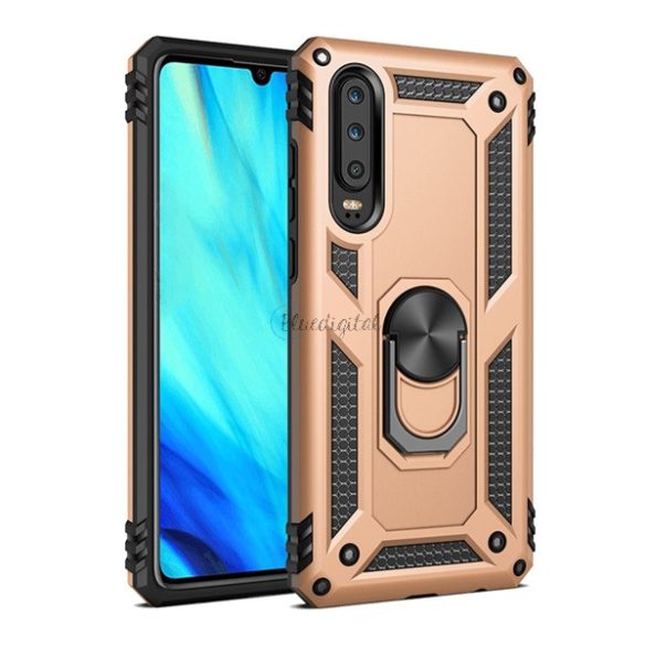 Defender műanyag telefonvédő (közepesen ütésálló, szilikon belső, telefontartó gyűrű, beépített fémlemez) ARANY Huawei P30
