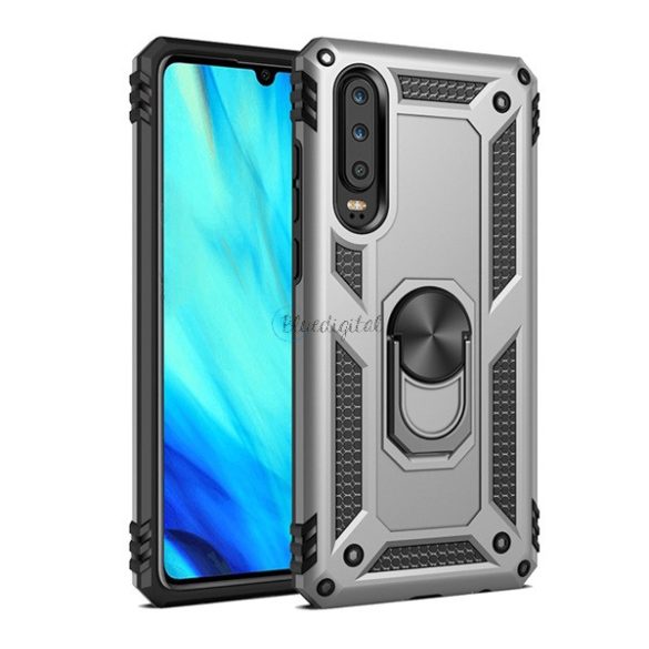 Defender műanyag telefonvédő (közepesen ütésálló, szilikon belső, telefontartó gyűrű, beépített fémlemez) EZÜST Huawei P30