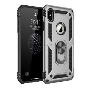 Defender műanyag telefonvédő (közepesen ütésálló, szilikon belső, telefontartó gyűrű, fémlemez, logó kivágás) EZÜST Apple iPhone XS 5.8, Apple iPhone X 5.8