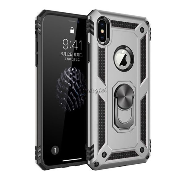 Defender műanyag telefonvédő (közepesen ütésálló, szilikon belső, telefontartó gyűrű, fémlemez, logó kivágás) EZÜST Apple iPhone XS 5.8, Apple iPhone X 5.8
