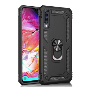 Defender műanyag telefonvédő (közepesen ütésálló, szilikon belső, telefontartó gyűrű, beépített fémlemez) FEKETE Samsung Galaxy A70 (SM-A705F)